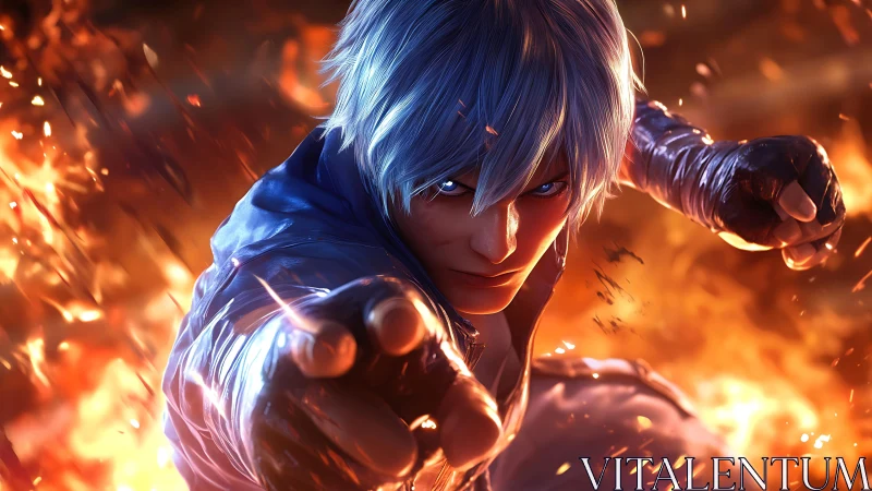 Blue-haired fighter extends gloved fist amid surrounding flames