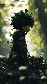Forest-lit anime boy rendered with volumetric bokeh and foliage