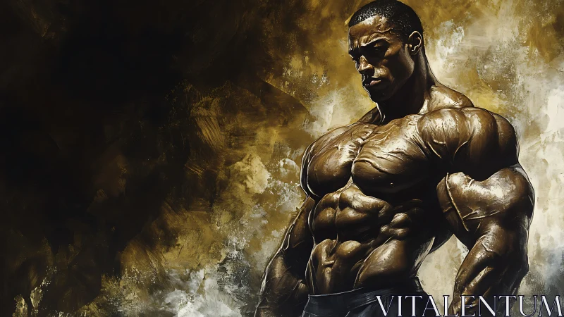 Powerful bodybuilder stands strong in bold golden light