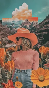 Woman in orange hat stands before stylized desert mountains