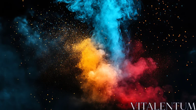 Colored powder plumes intersect against a black backdrop