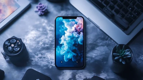 Cloud-charged smartphone quietly commands the cool-toned desk