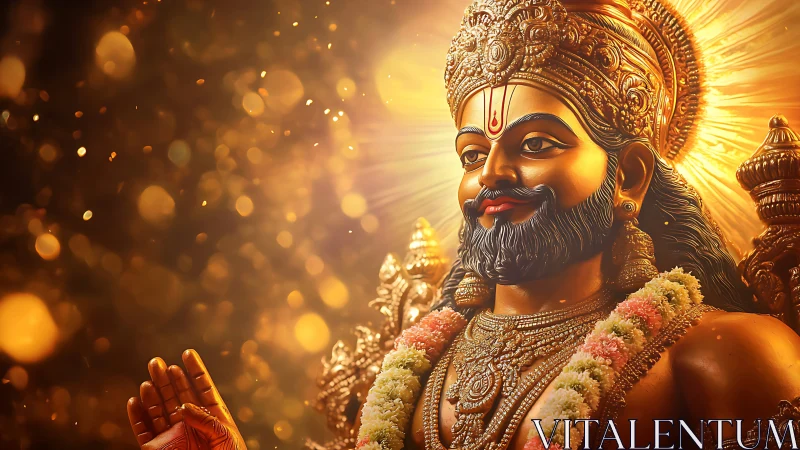 Radiant golden deity sculpture under volumetric bokeh illumination.