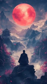 Solitary figure in misty mountains under red full moon.