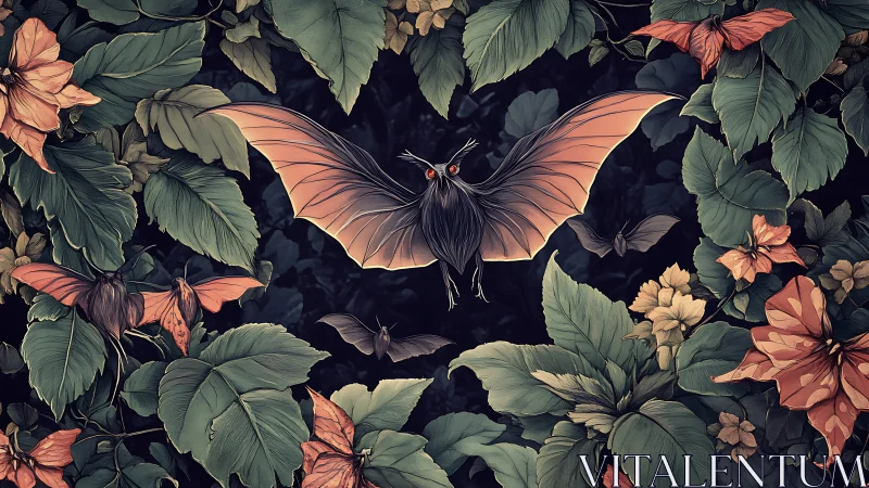 Nocturnal bats glide through lush jungle blooms at dusk