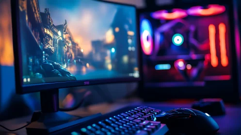 RGB gaming PC setup with monitor, keyboard, and mouse.