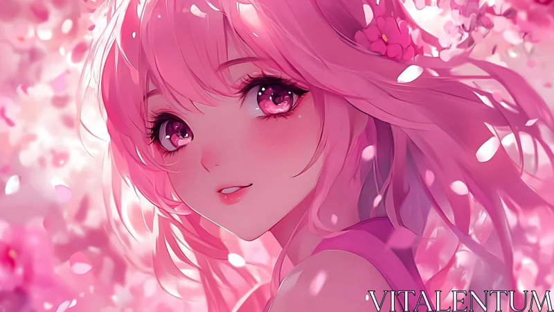Pink-haired anime girl smiles amid drifting cherry petals.