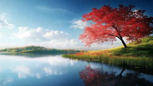 Scarlet lakeside tree leans over tranquil reflective water.