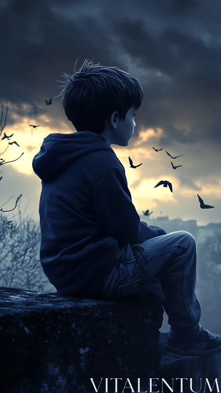 Melancholic boy silhouette at dusk with flying birds in sky