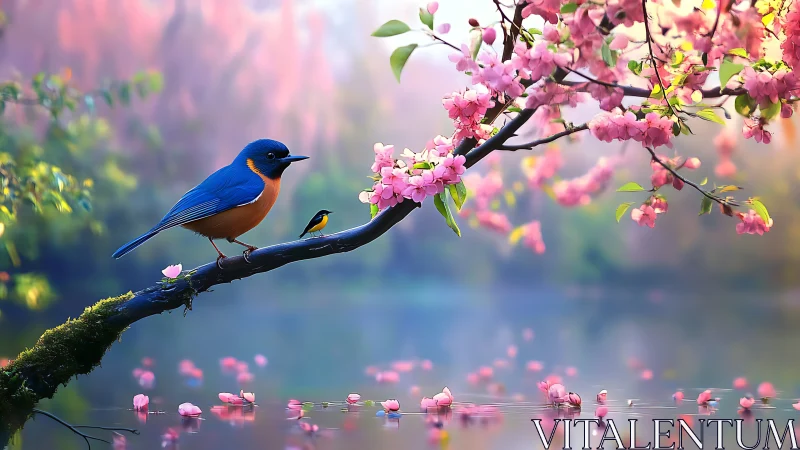 Vibrant bluebirds on cherry blossom branch in dreamy spring setting.