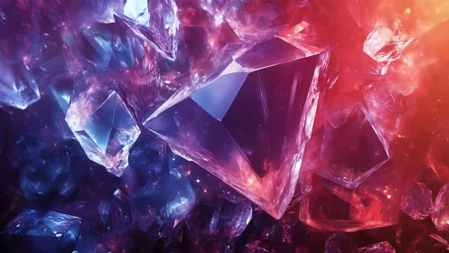 Prismatic crystal cluster under neon violet and ember light.