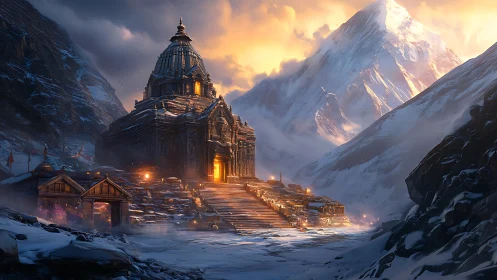 Mountain temple glows against snow peaks at sunset