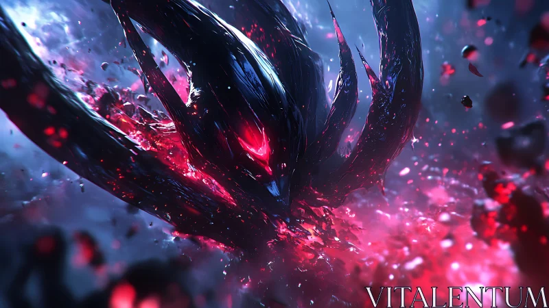 Voidborn shadow creature amid exploding crimson shards.