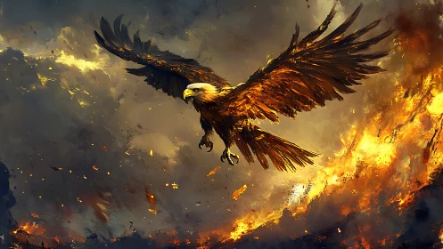 Majestic Eagle Soaring Over Fiery Landscape in Dramatic Digital Art.