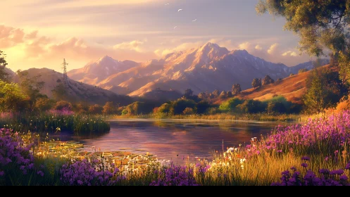 Sunlit alpine lake with wildflowers and layered mountains.