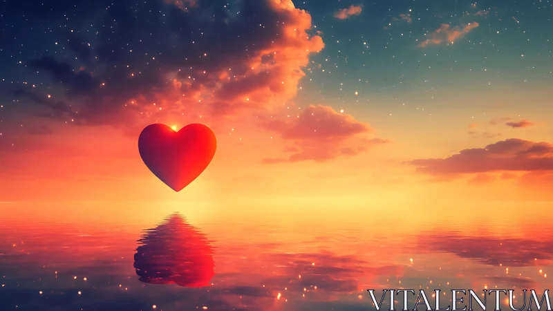 Luminous heart silhouette floats above crystalline surface beneath aurora sky.