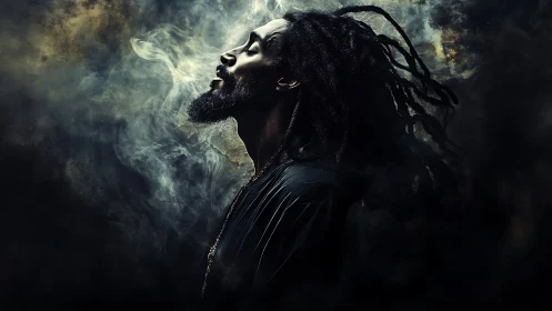 Profile portrait of man with dreadlocks in rising smoke.