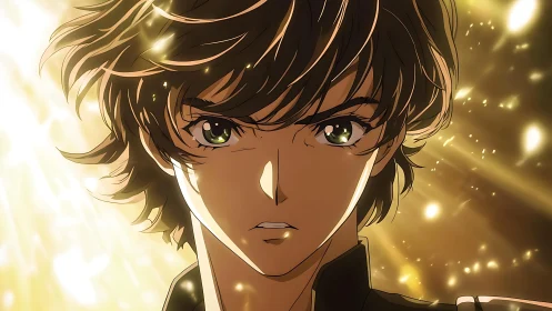 Intense anime hero close up in golden dramatic light.