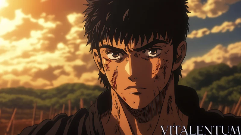 Battle-worn anime hero beneath a burning golden sky.