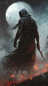 Hooded warrior strides through burning mist under full moon