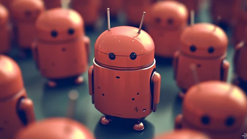 Central glossy orange robot contrasted against defocused duplicates