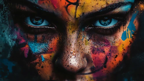 Intense blue-eyed portrait with chaotic neon paint overlays.