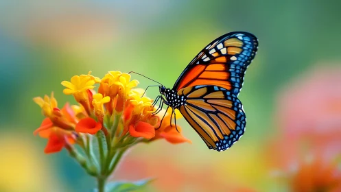 Gentle monarch butterfly resting on bright spring blossoms.