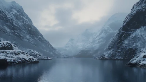 Peaceful winter fjord rests beneath misty mountain peaks