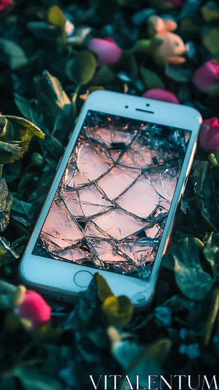 Smartphone with shattered screen lying in garden foliage.
