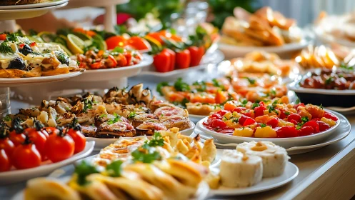 Colorful buffet table loaded with assorted savory appetizers.