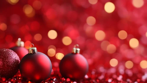 Specular red ornaments in shallow-depth festive bokeh field.