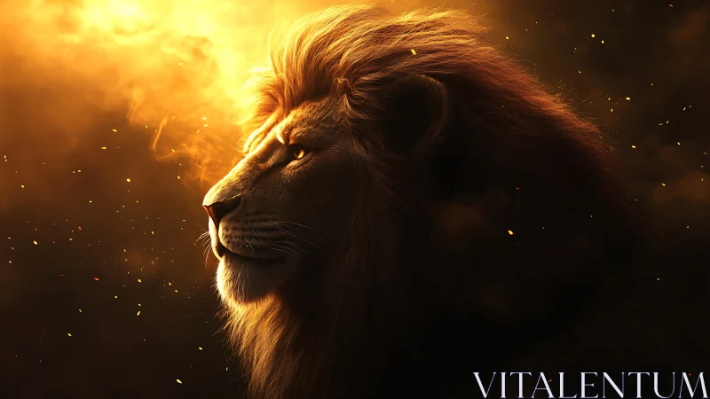 Sun-forged lion gazes through embers and molten dusk glow.