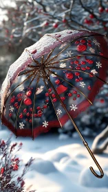 Red decorated umbrella in snowy winter orchard scene.