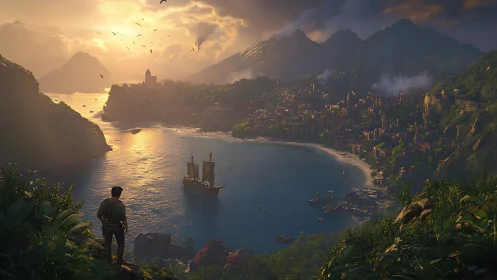 Golden Hour Discovery: Wanderer's View of a Coastal Kingdom.