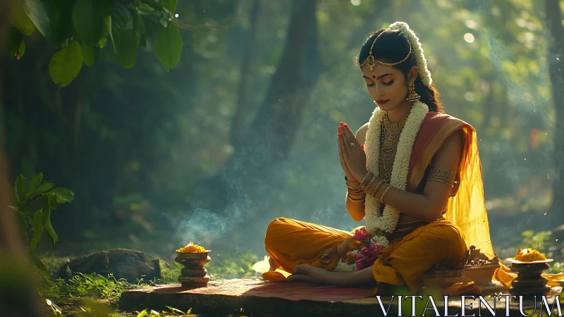 Graceful woman in forest prayer surrounded by soft morning light.
