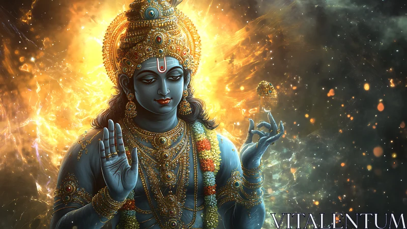 Divine blue deity rendered with high dynamic range cosmic aura