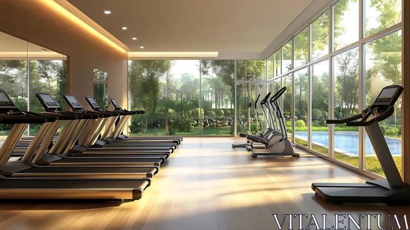 Modern fitness room displays cardio equipment beside glazing