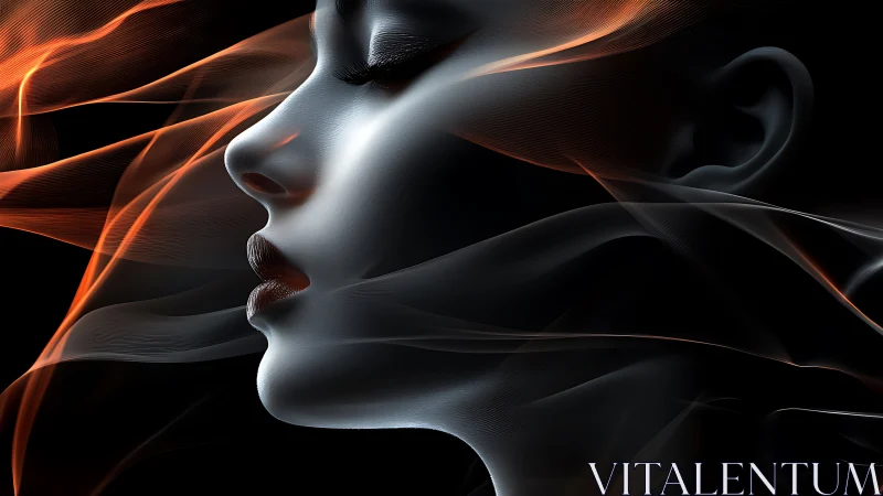 Profile view of stylized female face with flowing light bands.