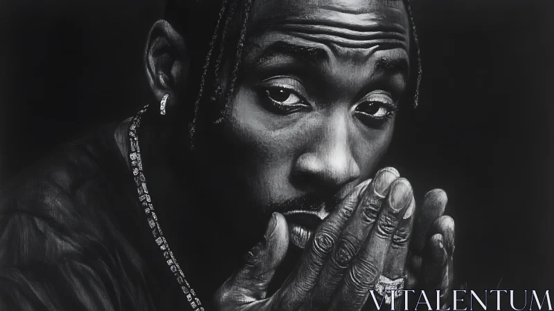 Monochrome close-up of man with hands near face.