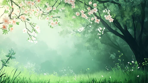 Flowering tree over misty green meadow in soft light.