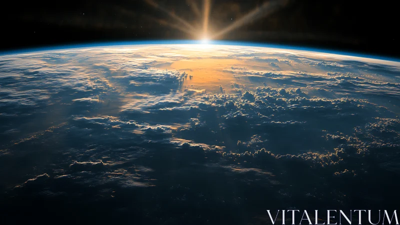 Sunrise over Earth&rsquo;s horizon bathes clouds in golden light