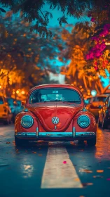 Crimson vintage Beetle glowing under neon twilight trees.