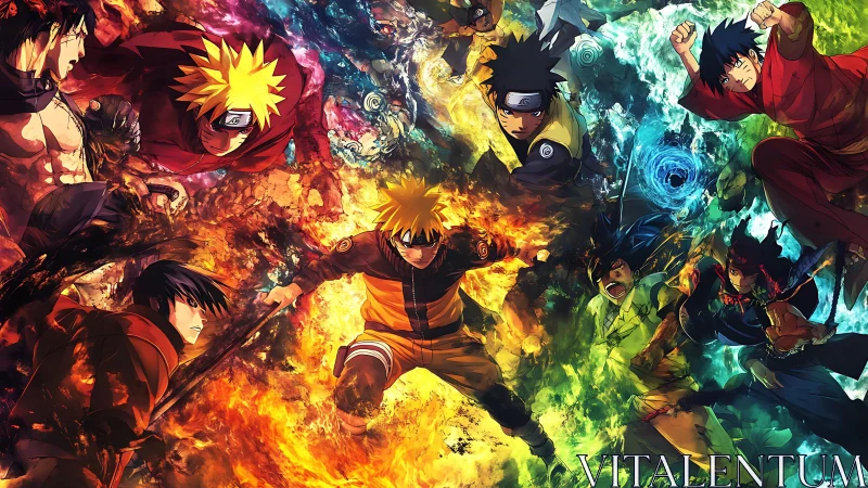 Multiple stylized fighters are positioned within swirling elements