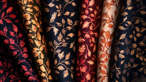Warm botanical patterned fabrics in cozy autumn tones.