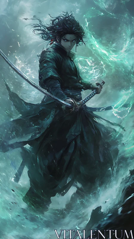 Elemental vortex swordsman in dynamic aqueous turbulence field.