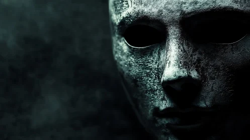 Weathered metallic mask fills dark, high-contrast frame