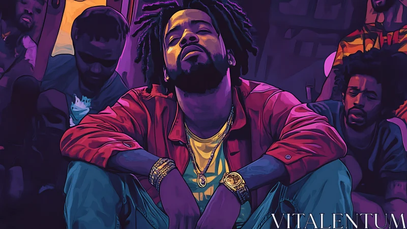 Neon stoop kings in violet dusk, crowned with quiet gold.