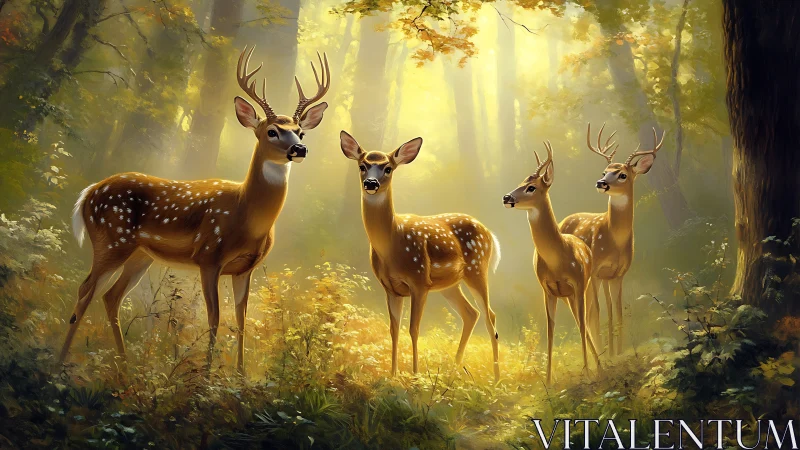 Sunlit white-tailed deer family stands in luminous forest glade
