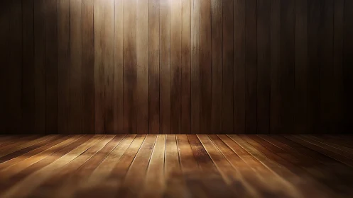 Warm spotlight on empty varnished hardwood interior stage