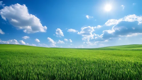 Photorealistic wide-angle grassland under high summer sun.